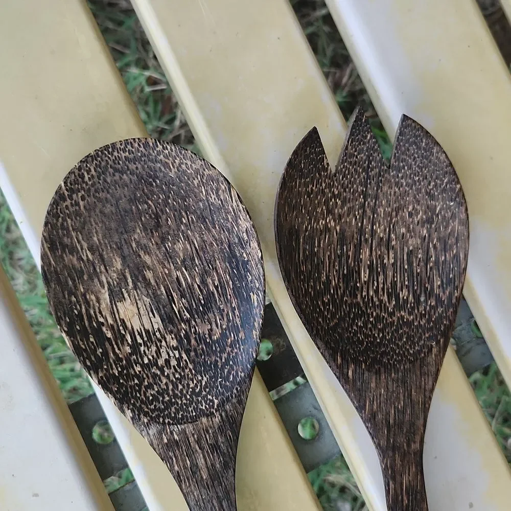 Salad Fork Spoon Wooden Serving Set Abalone Inlay